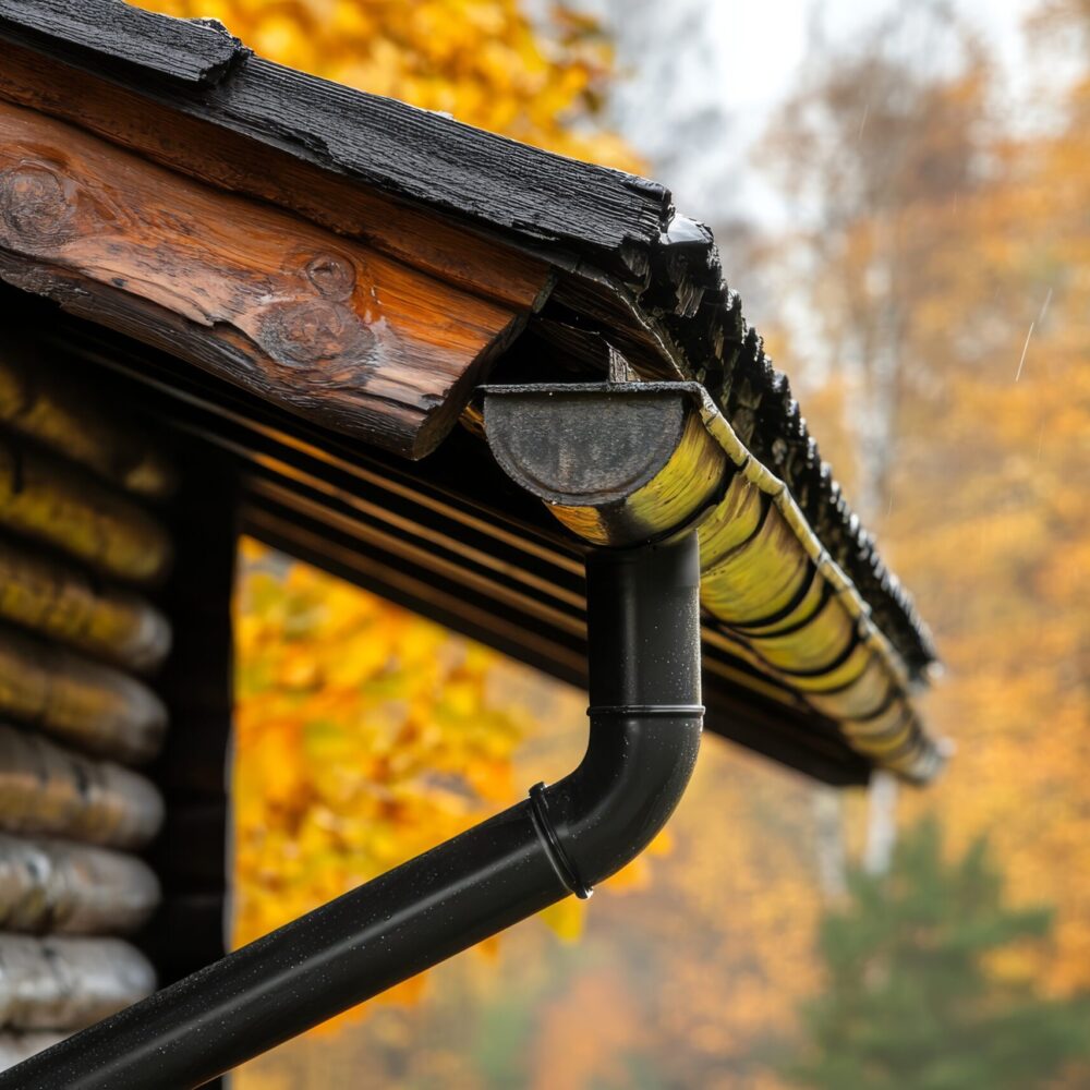 This is a detailed and closeup view of a gutter drainage system that is installed on a wooden cabin, highlighting its efficient connection for effective rainwater management and collection